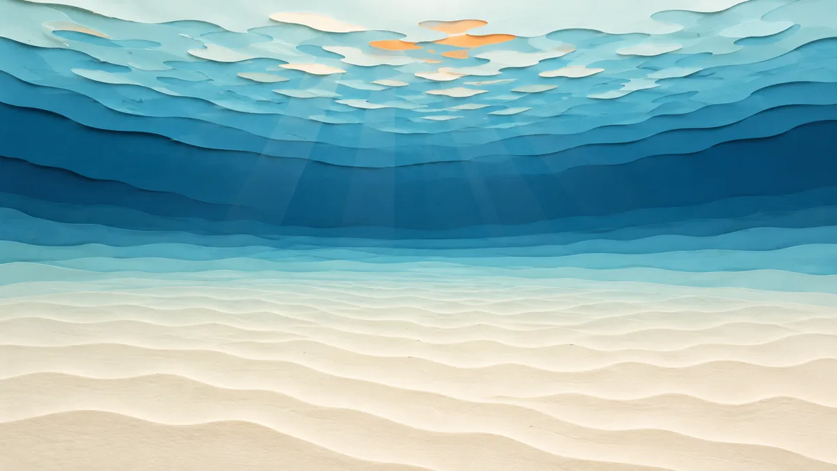 Illustrazione papercut di un'acqua trasparentissima su fondale sabbioso chiaro, completamente priva di pesci