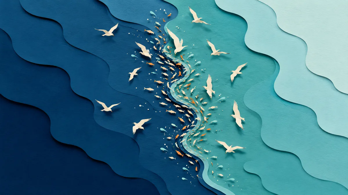 Illustrazione papercut della linea netta dove due masse d'acqua di colore diverso si toccano, con pesci lungo il bordo