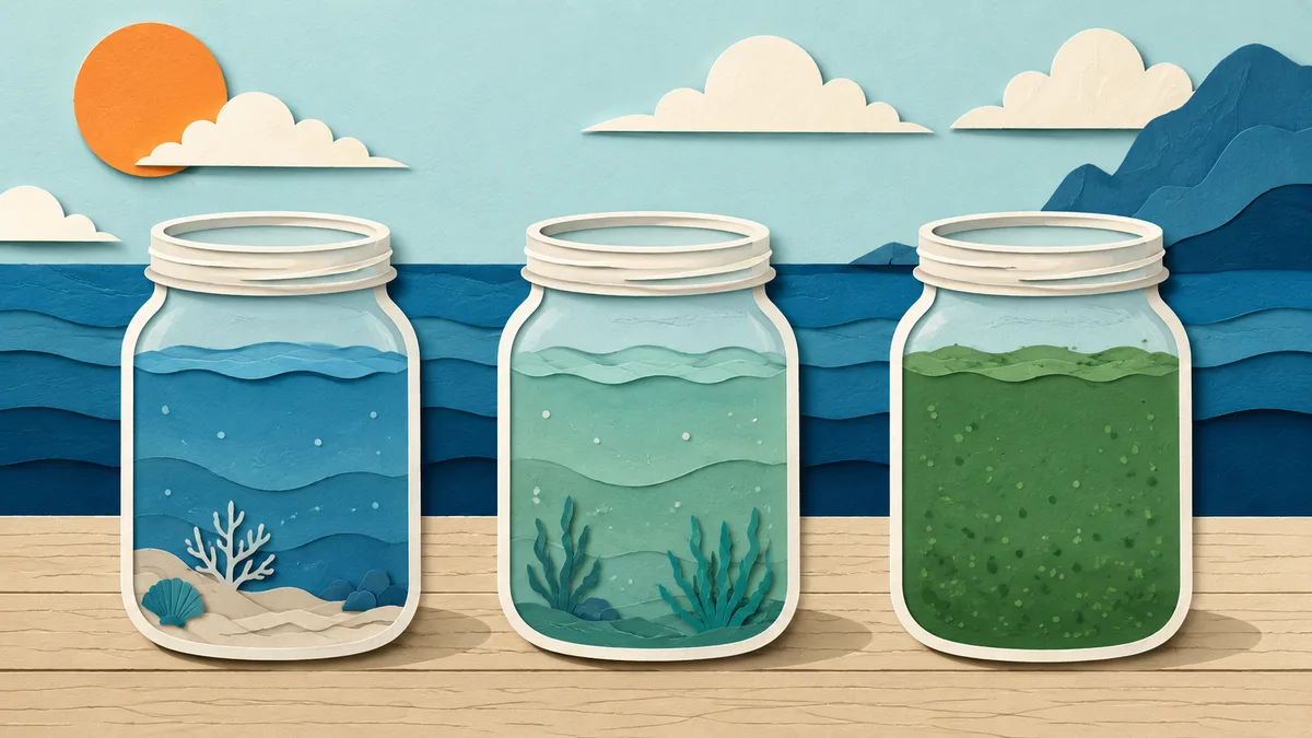 Illustrazione papercut di tre campioni d'acqua affiancati in tre bicchieri, uno azzurro trasparente, uno verde chiaro e uno verde denso