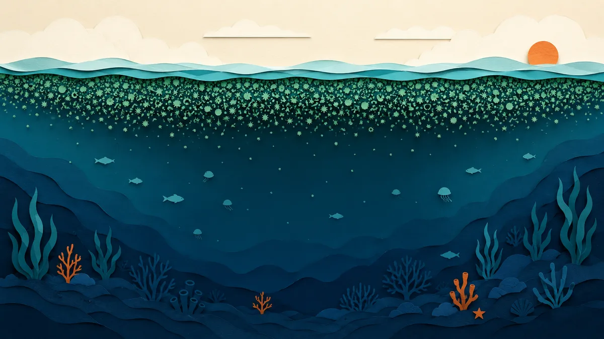 Illustrazione papercut in sezione di uno strato verde denso in superficie che lascia in ombra l'acqua sottostante