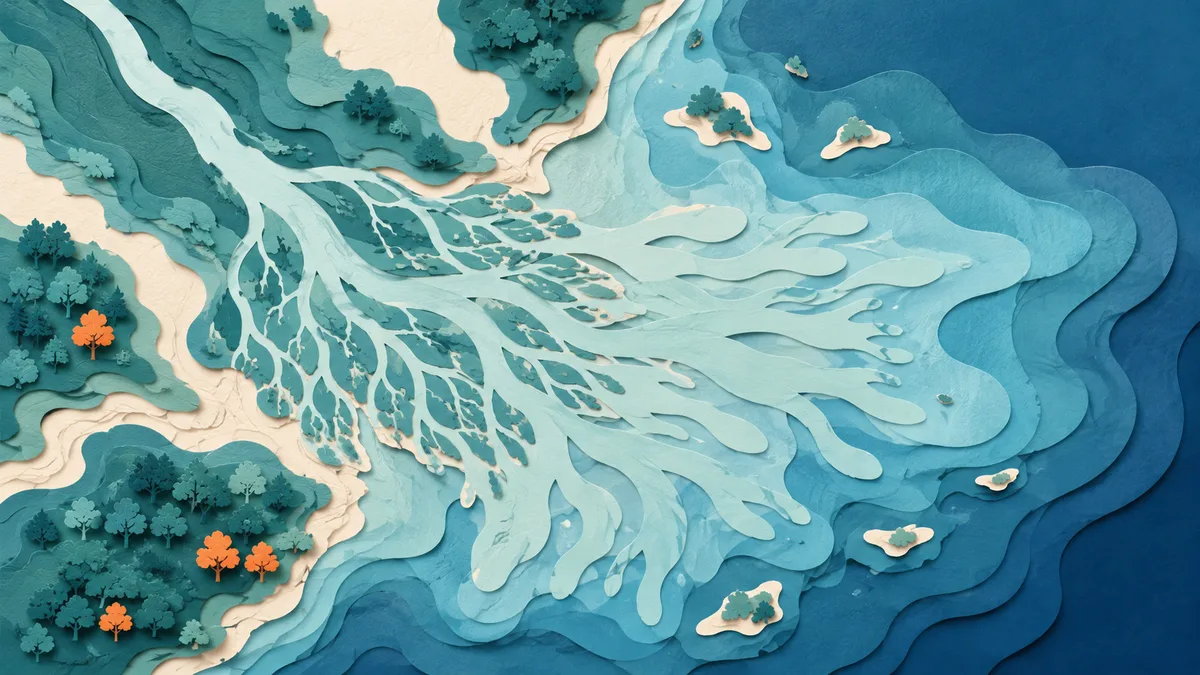 Illustrazione papercut di un grande delta fluviale visto dall'alto che scarica acqua carica in un mare poco profondo