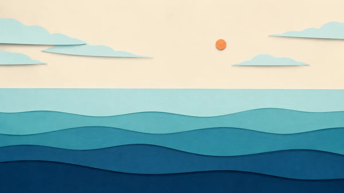 Illustrazione papercut di una distesa di mare aperto vuota e uniforme sotto un cielo pallido