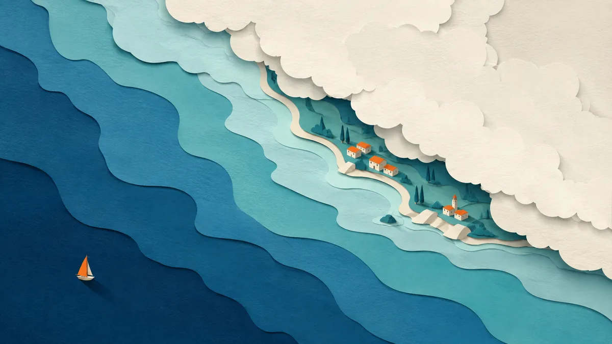 Illustrazione papercut di un mare visto dall'alto in parte coperto da una fascia di nuvole che nasconde la costa