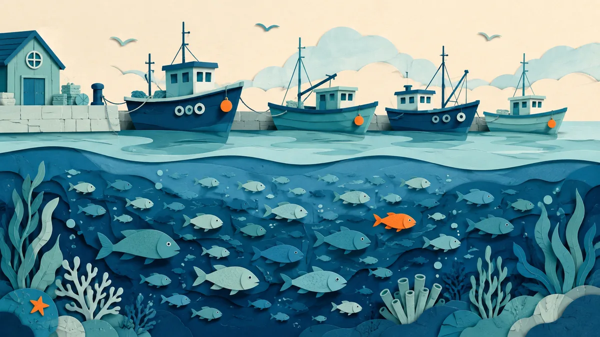 Illustrazione papercut di pescherecci fermi in porto mentre sott'acqua un banco di pesci prospera