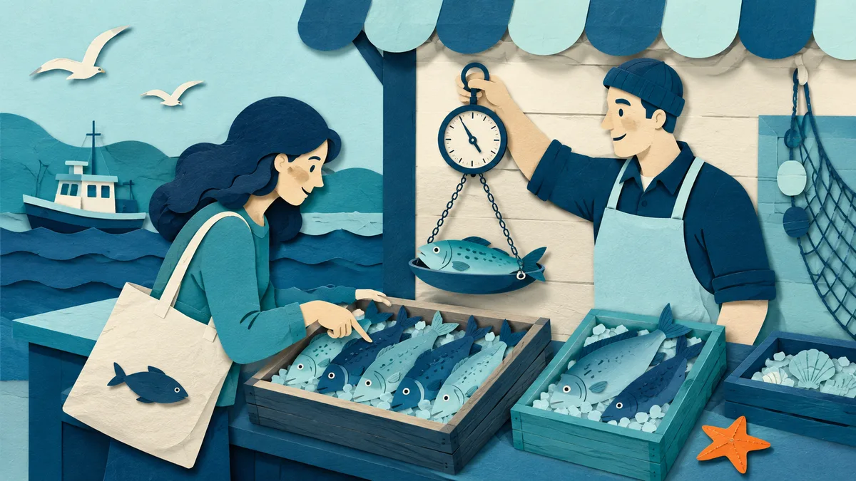 Illustrazione papercut di una cliente che sceglie da una piccola cassetta di pesce locale mentre il pescivendolo pesa un pesce