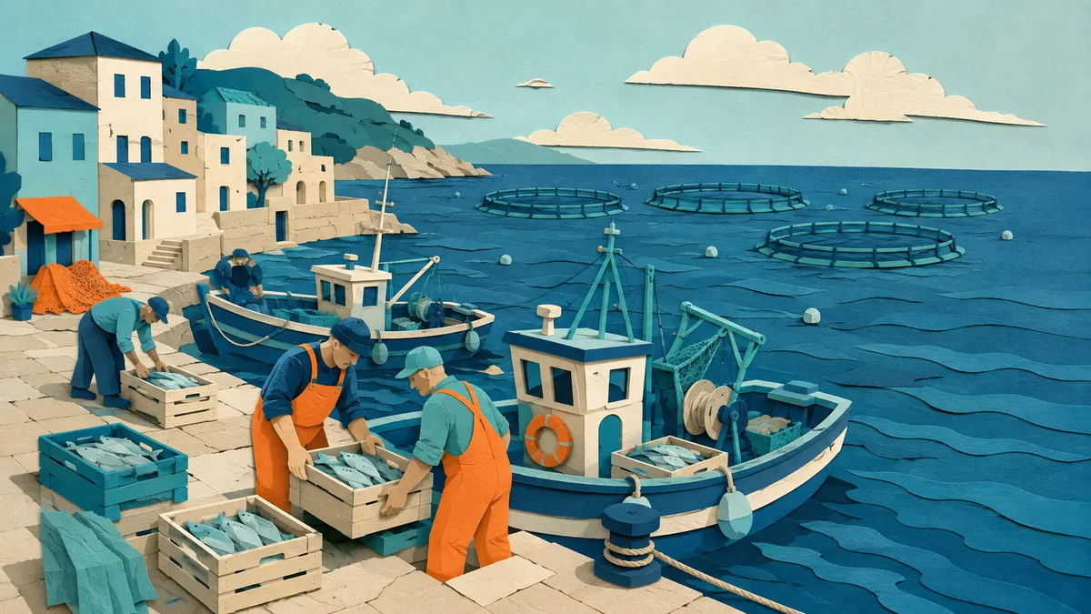 Illustrazione papercut di un piccolo porto di pesca con poche cassette sbarcate e gabbie di allevamento al largo