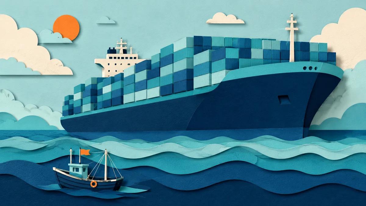 Illustrazione papercut di una grande nave portacontainer che sovrasta una piccola barca da pesca sullo stesso mare