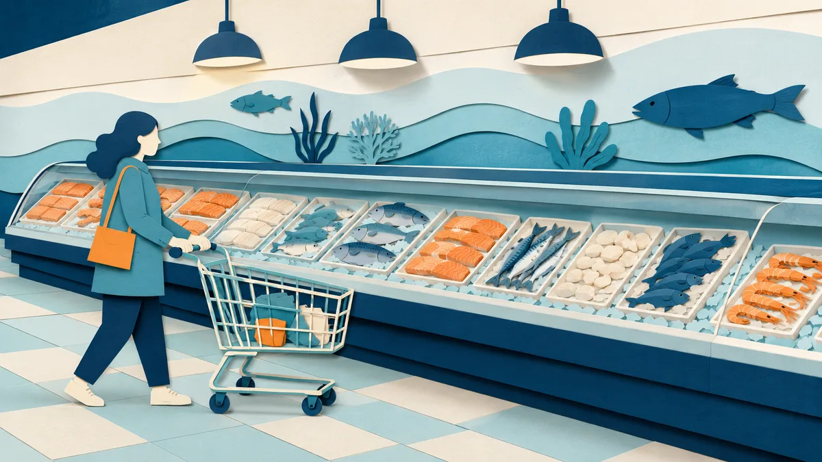 Illustrazione papercut di una cliente col carrello davanti a un lungo banco frigo di pesce confezionato
