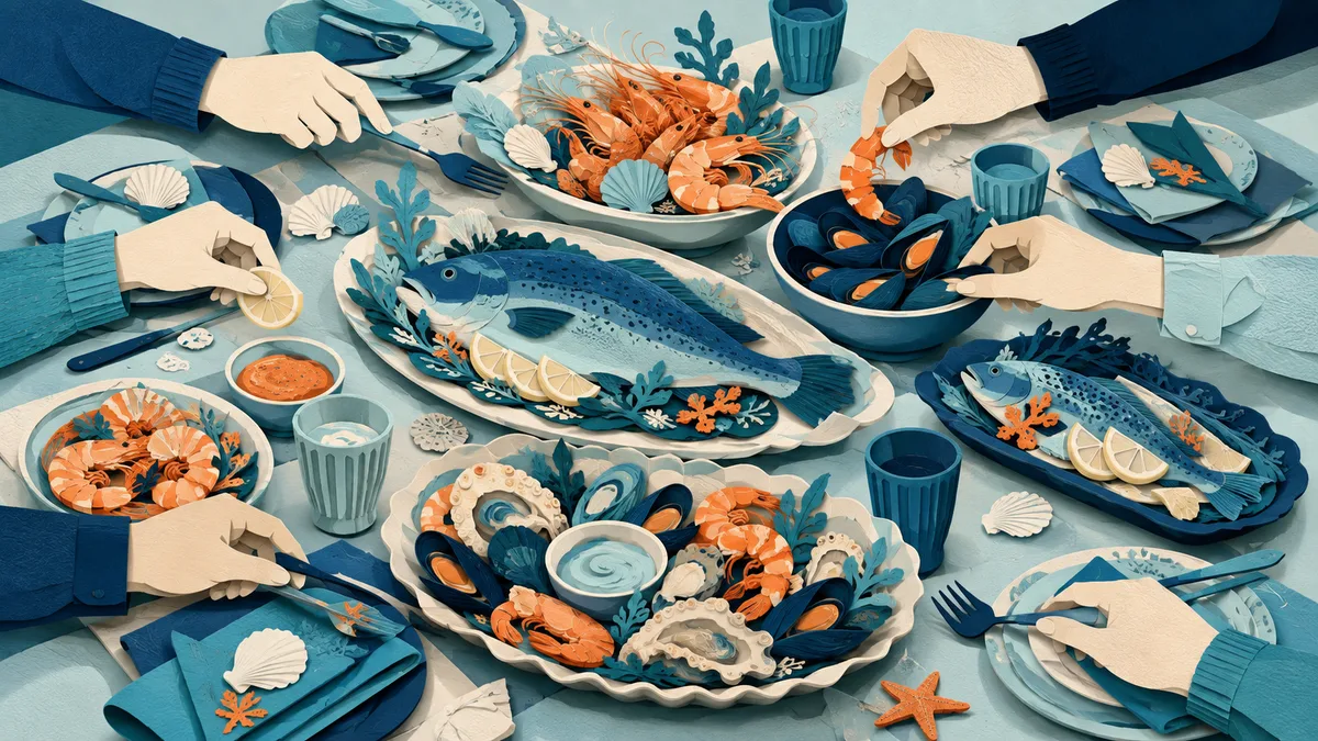 Illustrazione papercut di una lunga tavola familiare piena di piatti di pesce, molluschi e crostacei