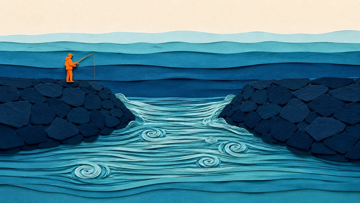 Illustrazione a strati di carta di un canale di bocca di porto visto di lato: l'acqua che accelera fra due moli, gorghi di carta e un pescatore arancione sul molo