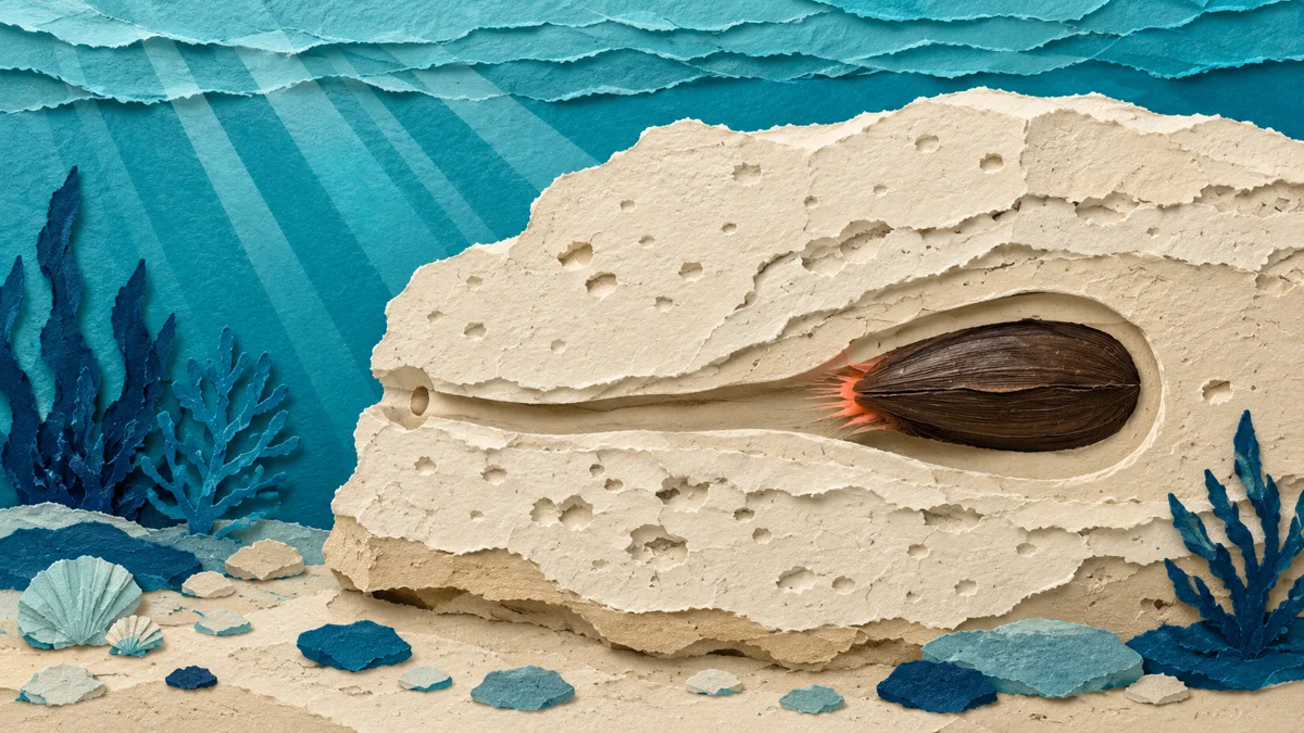 Illustrazione papercut in sezione di uno scoglio calcareo con dentro un dattero di mare nella galleria che si è scavato