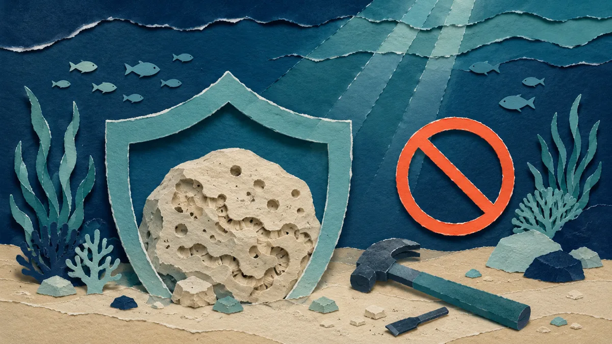 Illustrazione papercut di uno scoglio protetto da uno scudo di carta con un simbolo di divieto arancione sopra mazzetta e scalpello abbandonati