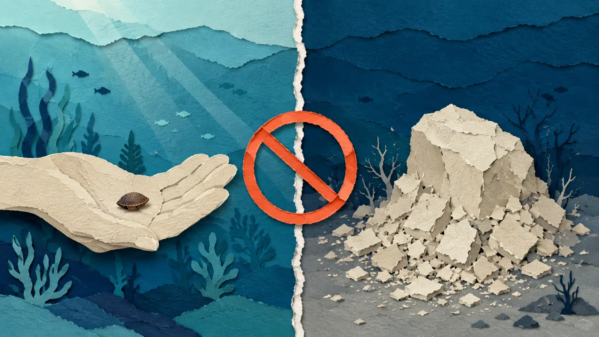 Illustrazione papercut che confronta un singolo dattero in un palmo aperto con un cumulo di macerie di roccia, separati da un simbolo di divieto