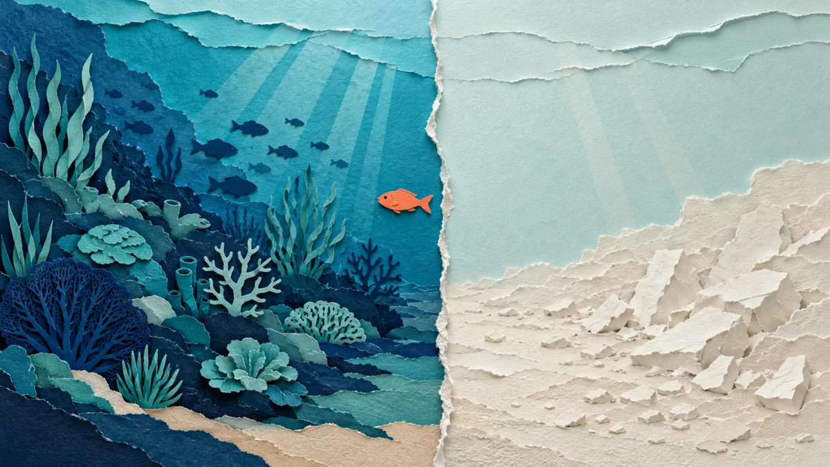 Illustrazione papercut divisa a metà: a sinistra un fondale vivo pieno di alghe e pesci, a destra un deserto di pietrisco bianco senza vita