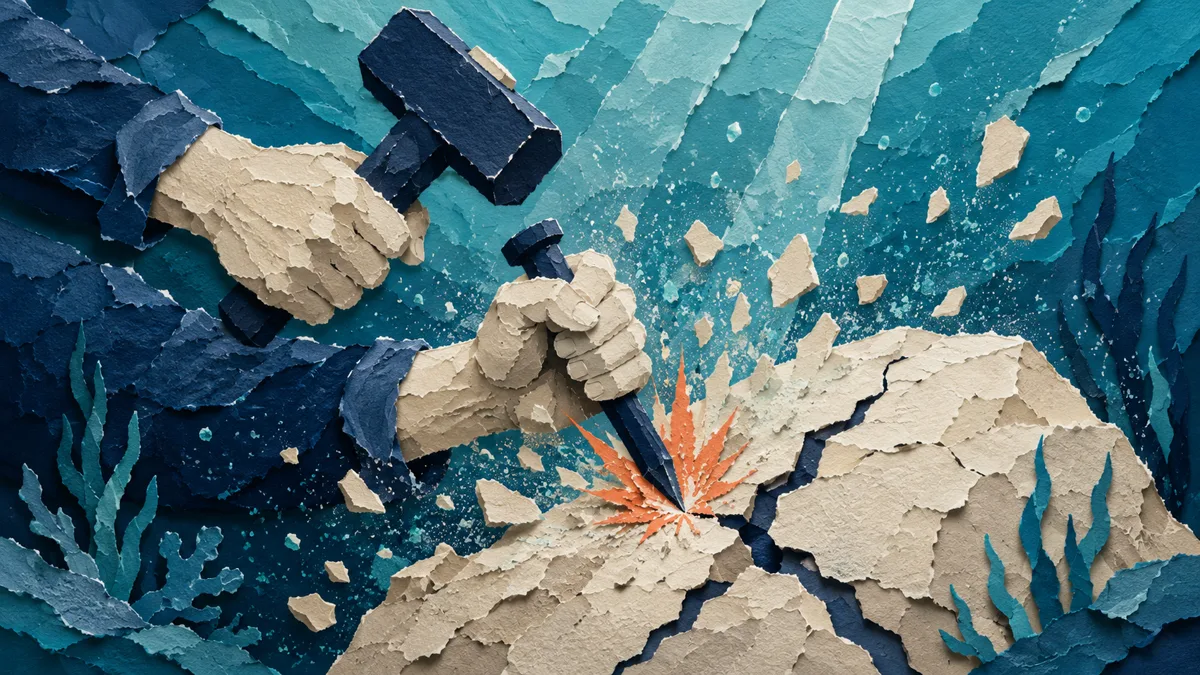Illustrazione papercut di due mani con mazzetta e scalpello che spaccano uno scoglio sott'acqua, con schegge che volano