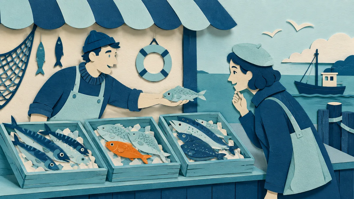 Illustrazione papercut di un pescivendolo che porge un piccolo pesce a una cliente incuriosita oltre il banco