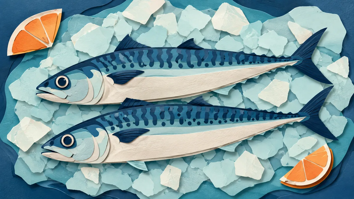 Illustrazione papercut di due sgombri quasi identici affiancati su un banco di ghiaccio