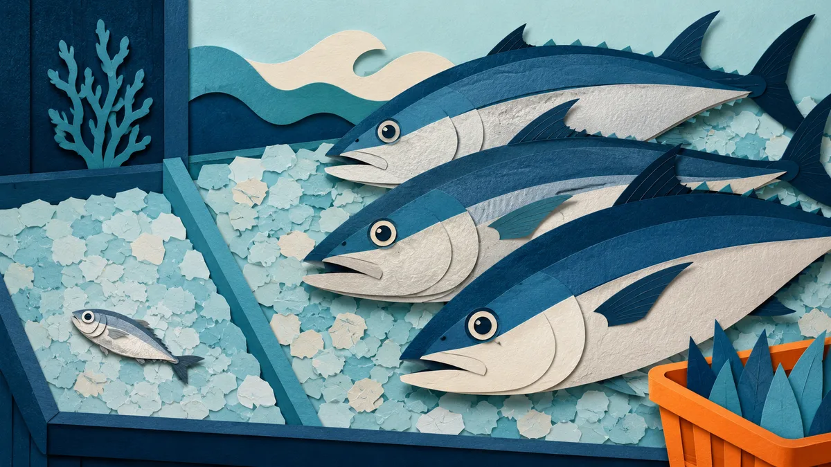 Illustrazione papercut di un piccolo pesce argenteo su ghiaccio accanto a pesci molto più grandi e blasonati