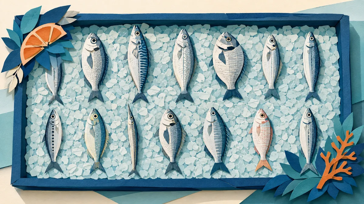 Illustrazione papercut di quattordici pesci mediterranei diversi disposti in file ordinate su ghiaccio, visti dall'alto