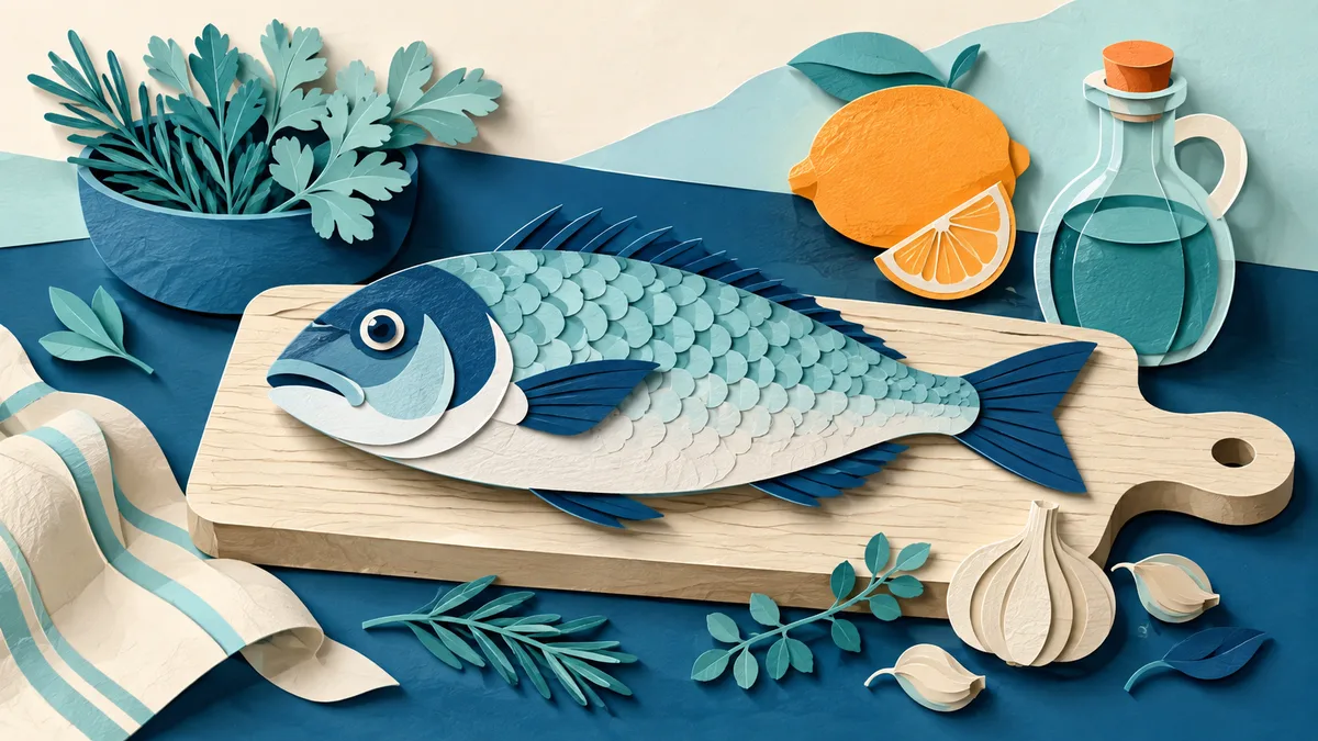 Illustrazione papercut di un pesce intero su tagliere di cucina con limone, olio, aglio ed erbe intorno