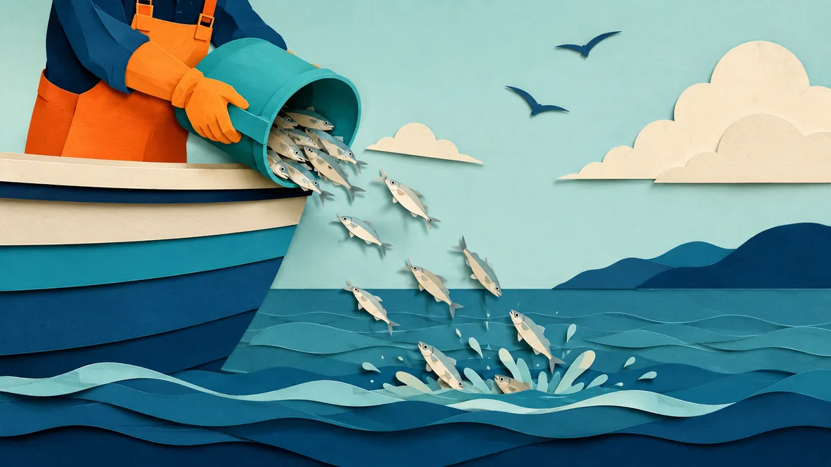 Illustrazione papercut di piccoli pesci argentei ributtati in mare dal bordo di un peschereccio