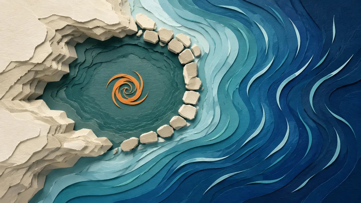 Illustrazione papercut vista dall'alto di una caletta chiusa da una barriera di massi con acqua verde stagnante e un vortice arancione fermo al centro, mentre fuori il mare scorre a strati blu