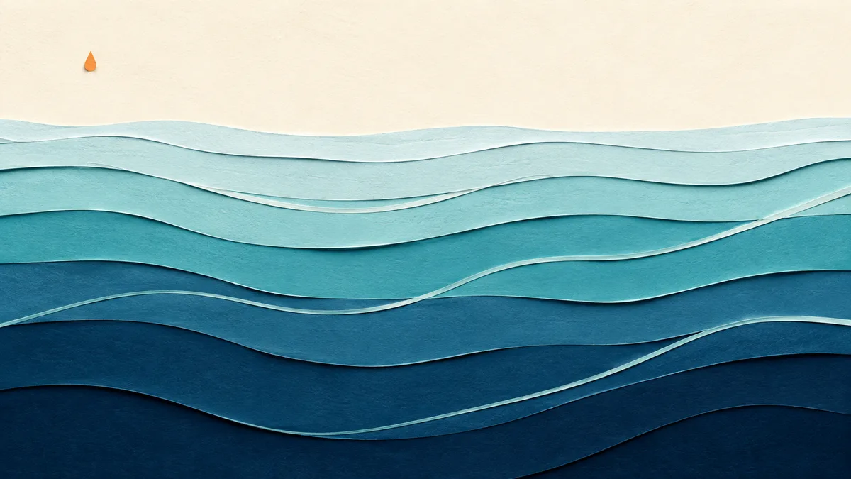 Illustrazione papercut di una goccia arancione che si dissolve in strati sovrapposti di mare azzurro e blu profondo, a rappresentare la diluizione