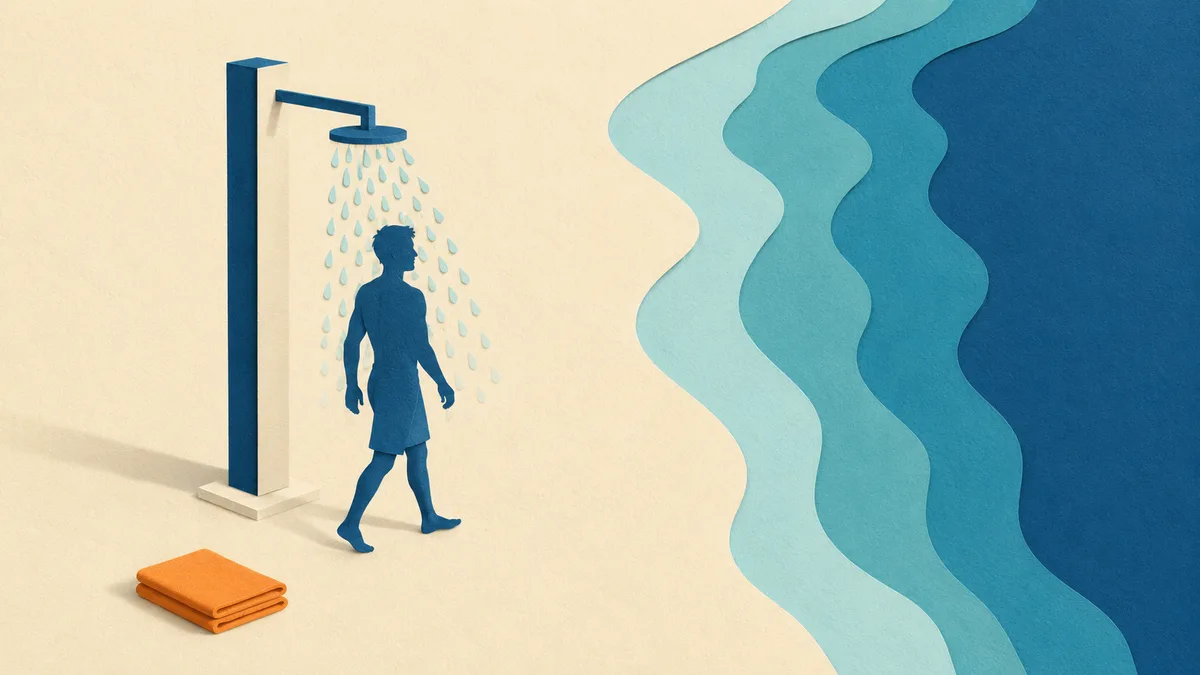 Illustrazione papercut di una doccia da spiaggia con un bagnante di carta che ci passa sotto prima di entrare in mare, un telo arancione piegato sulla sabbia