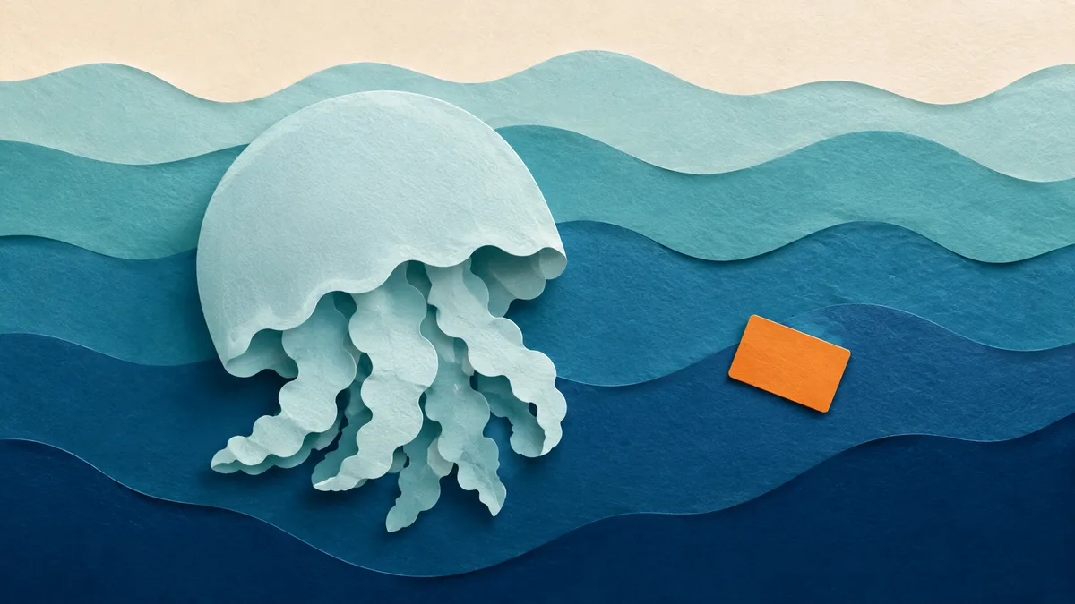 Illustrazione papercut di una medusa polmone di mare di carta azzurra che galleggia in strati di acqua turchese e blu, con una tesserina arancione accanto