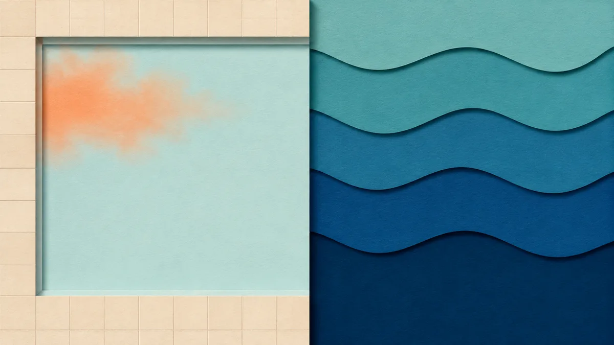 Illustrazione papercut che confronta una piscina di carta squadrata con una foschia arancione sopra e il mare aperto a strati ondulati di carta turchese e blu