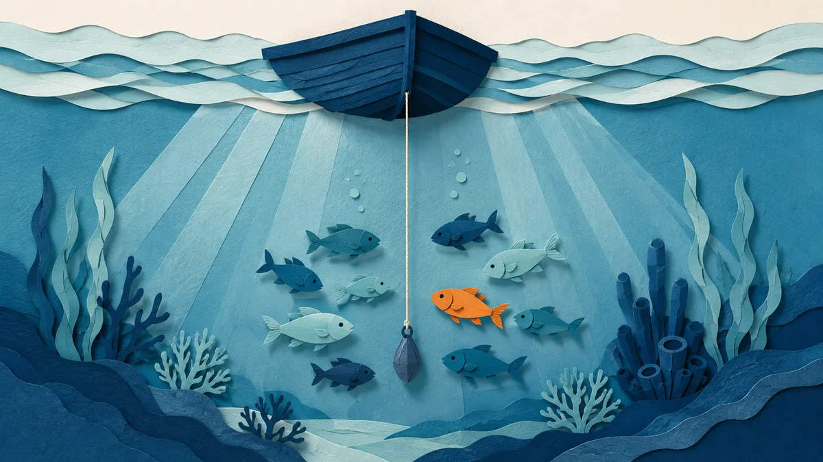 Illustrazione papercut di una lenza con piombo che scende da una piccola barca vista da sott'acqua, con pesci a mezz'acqua