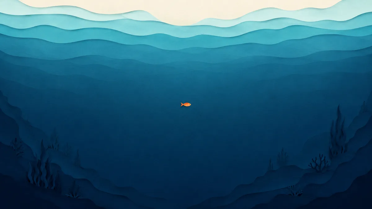 Illustrazione papercut di una piccola sagoma di pesce sospesa in un'enorme colonna d'acqua che sfuma nel nero