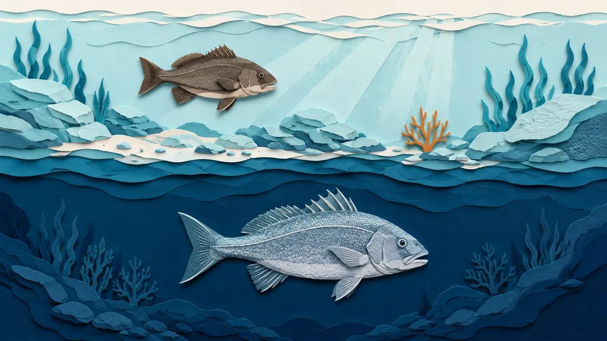 Illustrazione papercut di una corvina scura sopra rocce basse e di un'ombrina più grande che nuota molto più in profondità