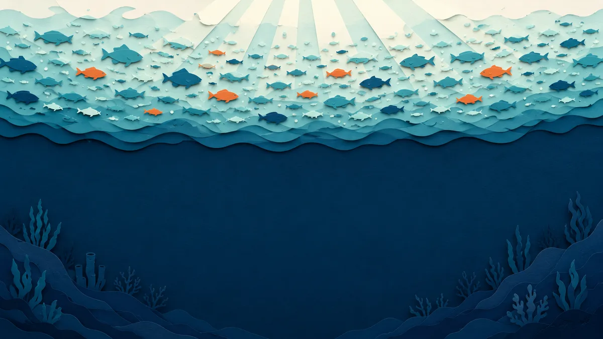 Illustrazione papercut di uno strato superficiale di mare illuminato e pieno di pesci sopra un fondale buio e vuoto