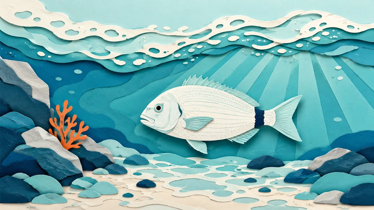 Illustrazione papercut di un sarago maggiore con la macchia nera sulla coda che nuota in acqua bassa e schiumosa vicino agli scogli