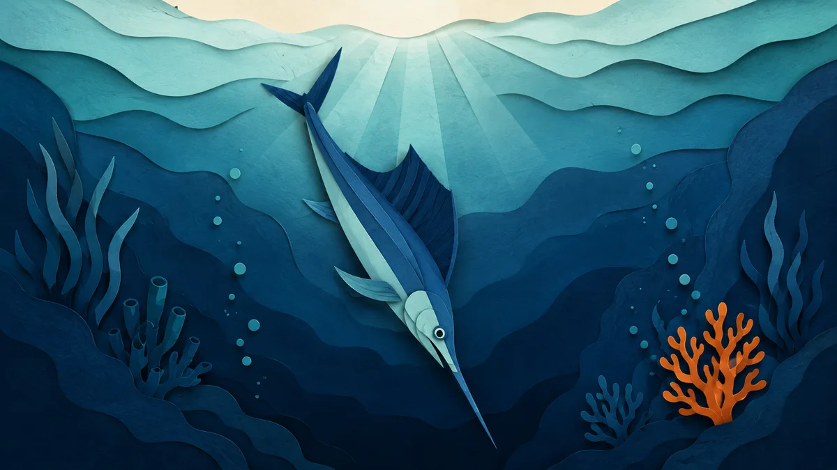 Illustrazione papercut di un pesce spada che scende verso acque profonde e buie, con la luce lontana in alto