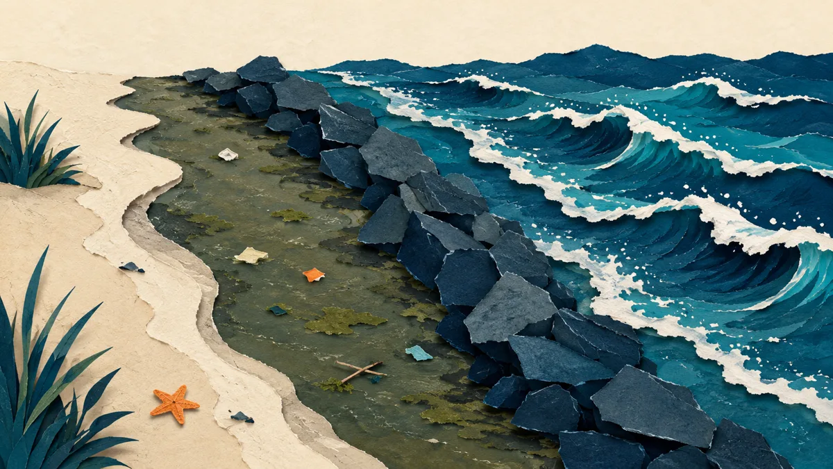 Illustrazione papercut dell'acqua stagnante e torbida intrappolata tra spiaggia e barriera, col mare vivo appena oltre