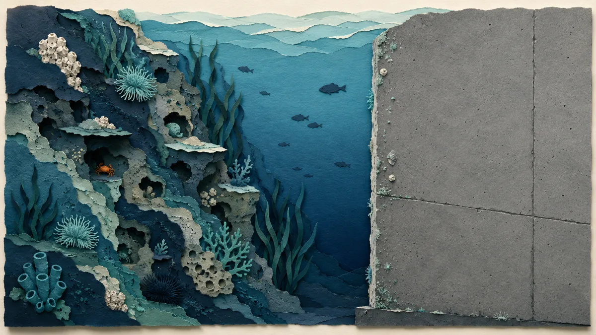 Confronto papercut tra una parete di roccia naturale piena di fessure e una superficie di cemento liscia e spoglia