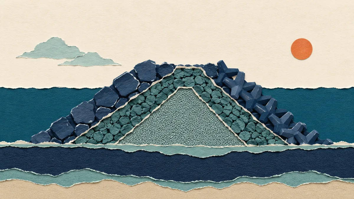 Illustrazione papercut della sezione di un frangiflutti: nucleo di ghiaia, strato filtro e mantellata di massi sulla scarpata