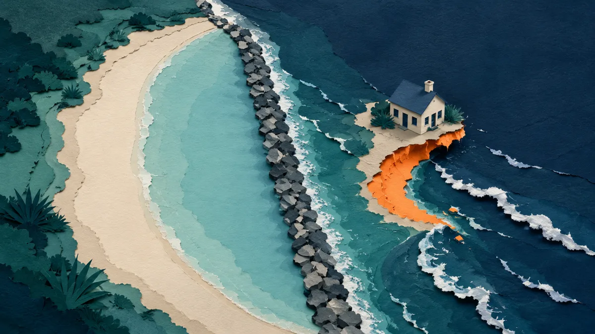 Vista aerea papercut: da un lato della barriera la sabbia si accumula, subito oltre la costa è scavata a morso