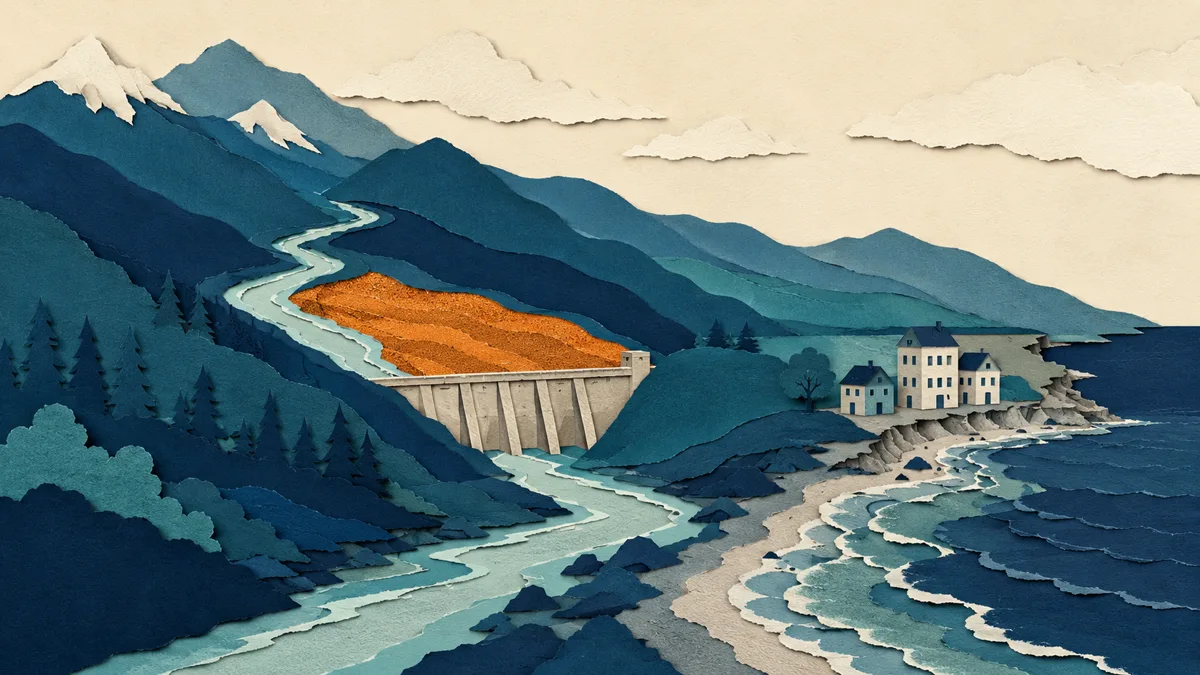 Illustrazione papercut di un fiume sbarrato da una diga che trattiene la ghiaia, con la spiaggia magra alla foce
