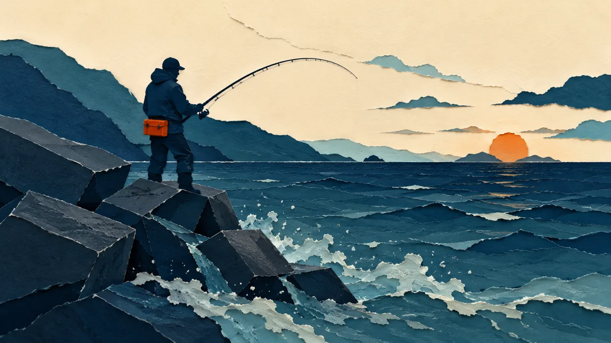 Illustrazione papercut della sagoma di un pescatore in piedi sui blocchi bagnati di un frangiflutti al tramonto