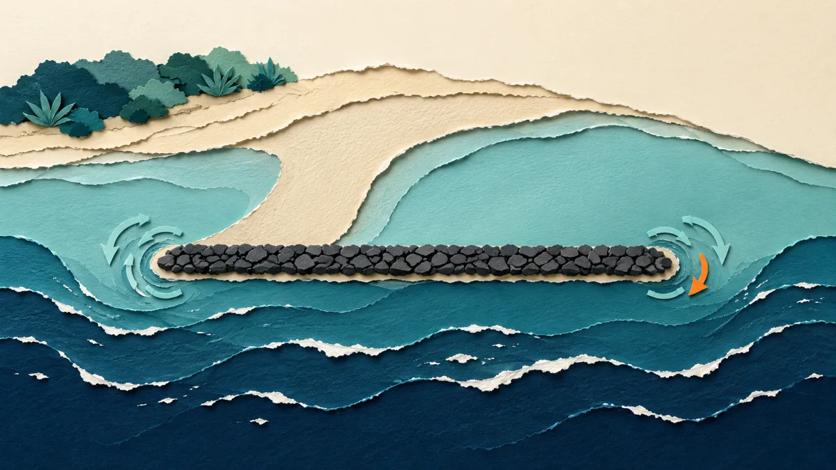 Vista dall'alto in papercut di una barriera distaccata con la sabbia che si accumula dietro formando un saliente