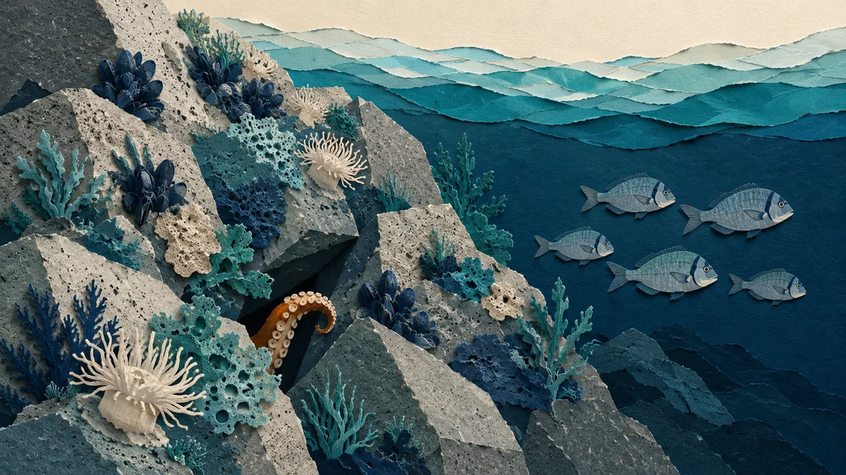 Illustrazione papercut del fianco sommerso di un frangiflutti incrostato di mitili, spugne e alghe con saraghi tra i massi
