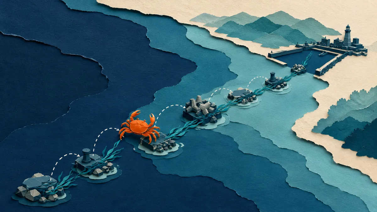 Illustrazione papercut di strutture artificiali allineate come trampolini lungo la costa con un granchio alieno che le percorre
