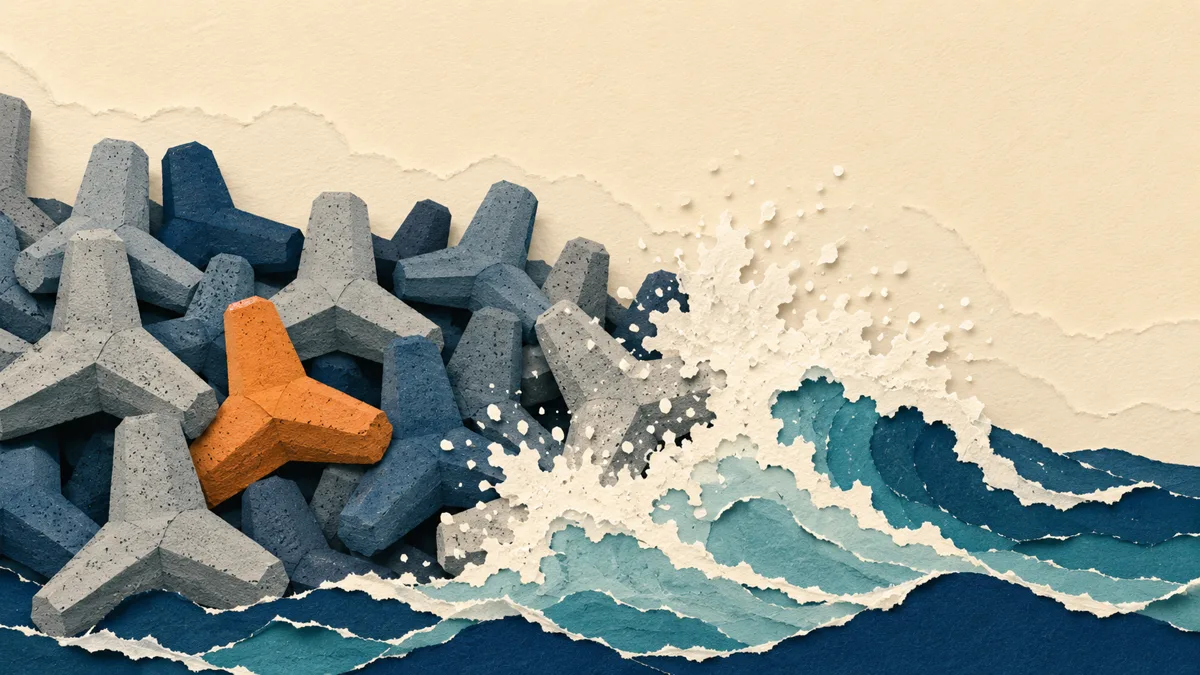 Illustrazione papercut di tetrapodi in calcestruzzo incastrati tra loro con un'onda che esplode in schiuma
