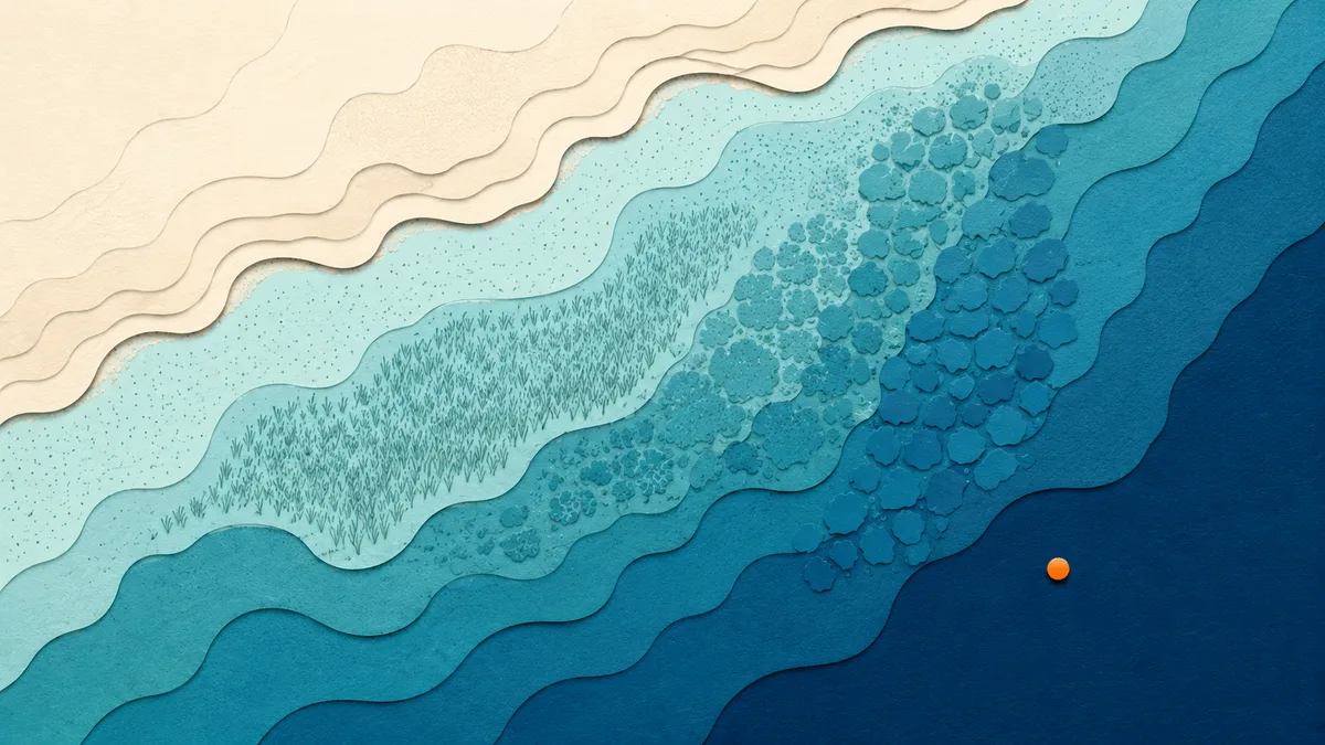 Illustrazione papercut di una carta nautica vista dall'alto con zone di colore diverso lungo la costa