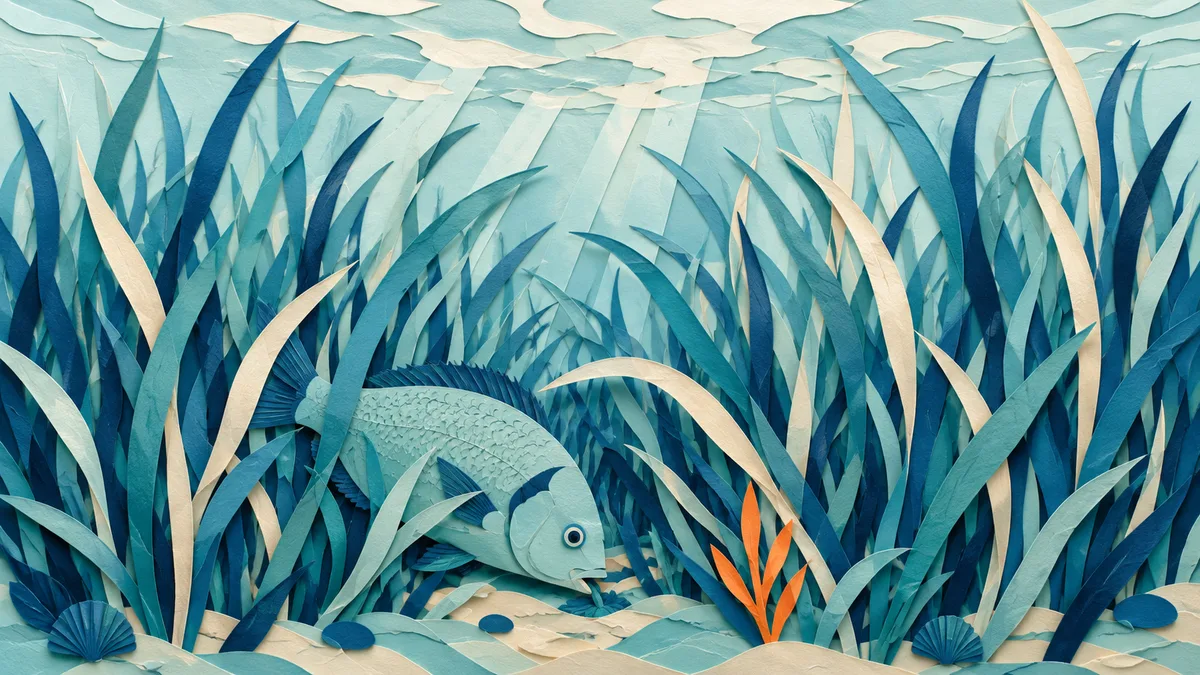Illustrazione papercut di una prateria di posidonia fitta con un sarago che bruca fra le foglie