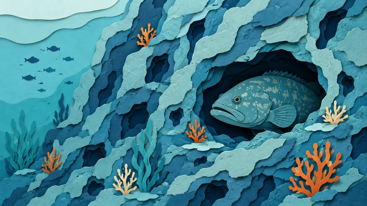 Illustrazione papercut di una parete rocciosa ricca di fessure e anfratti scuri, con una cernia affacciata da uno di essi