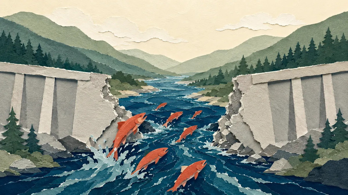Illustrazione papercut di una diga di cemento aperta al centro con il fiume che scorre libero nella breccia e salmoni arancioni che risalgono verso le colline